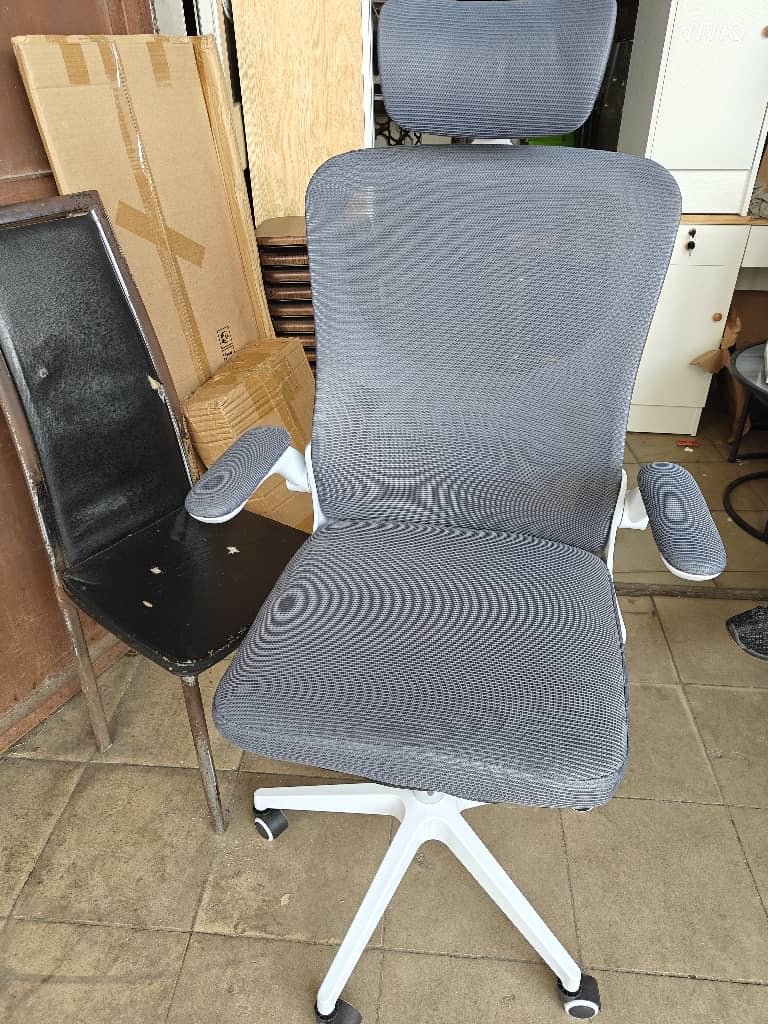 Chaise de Bureau Pivotant en Toile - Support Lombaire Rembourré - Mécanisme à Bascule - Accoudoirs Rabattables - Gris